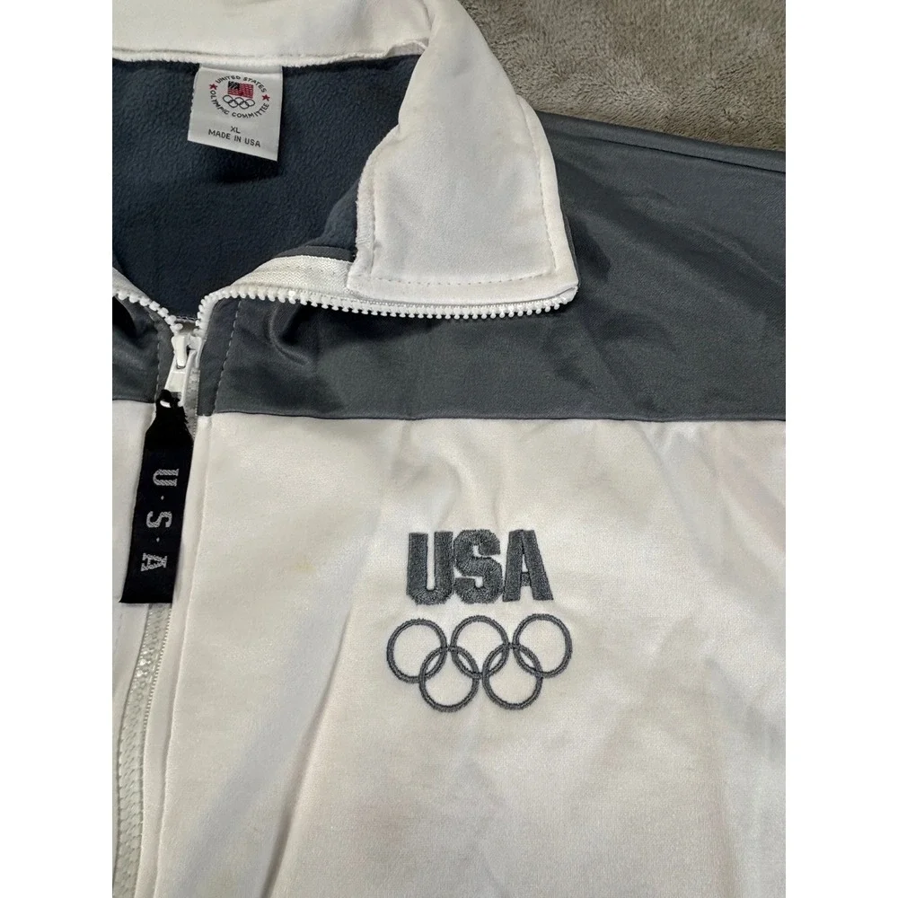 USA Olympic Committee Track Jacket Mens XL White Grey Good Fleece lined USA made